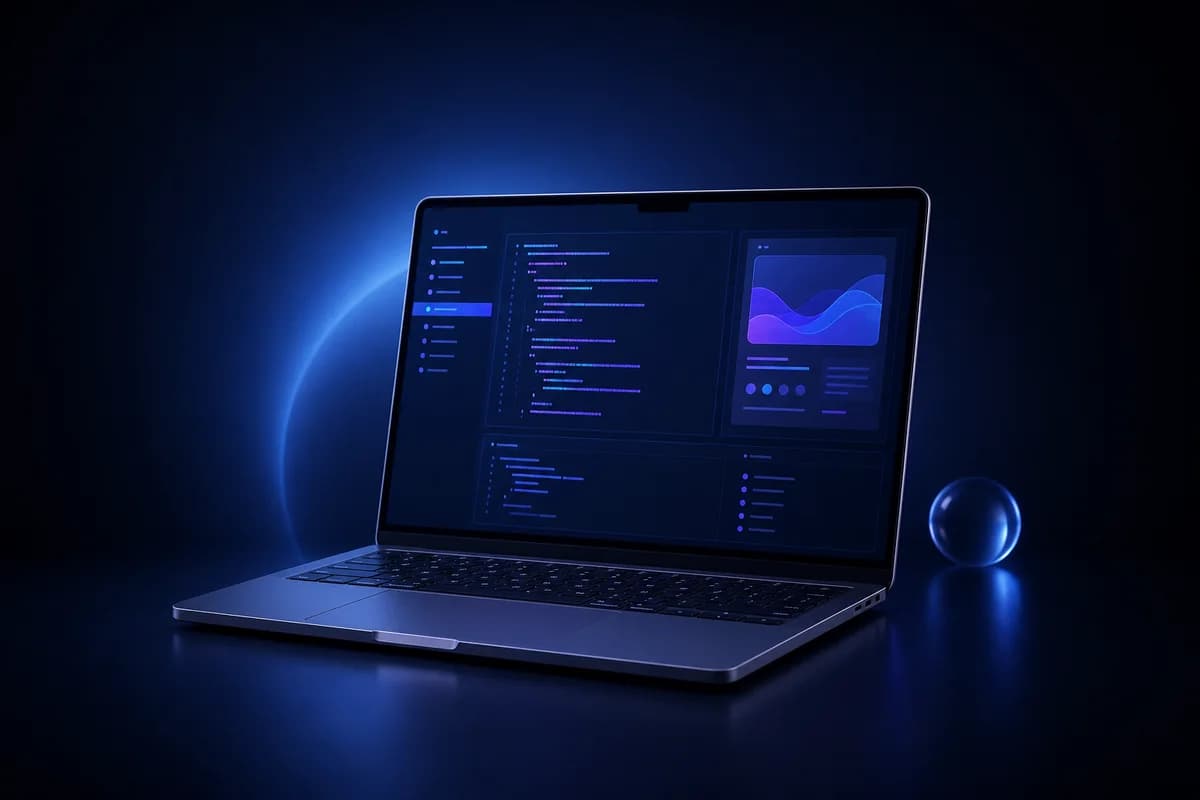 Laptop displaying a modern full stack development interface